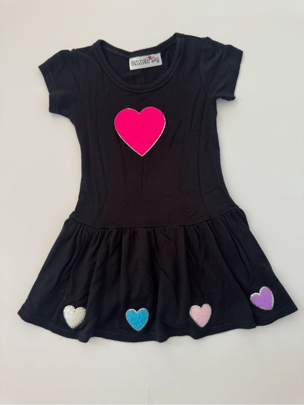 Black Dress with Hot Pink Heart & Multicolor Heart Trim